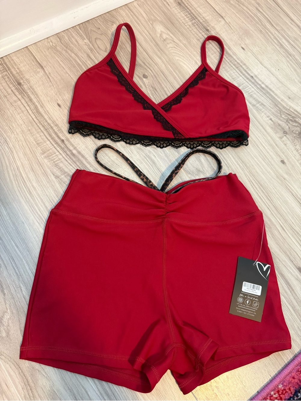Women's Red Lace-Trim Sports Bralette and High-Waist Shorts Set